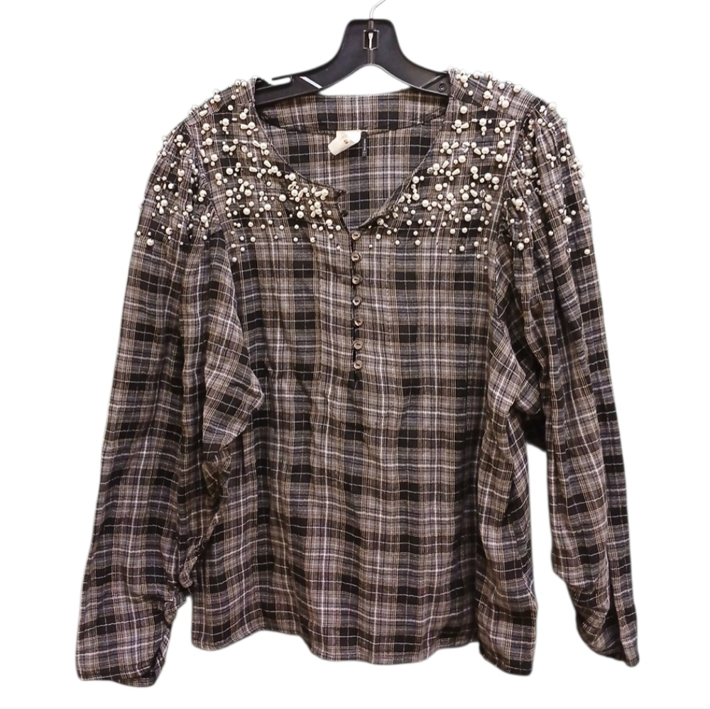 Akemi + Kin Anthropologie Pearl-Embellished Plaid Button Front Blouse Large